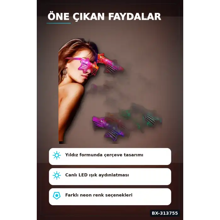 3 Fonksiyonlu Led Işıklı Yıldız Parti Gözlüğü 12 Adet Paket Yetişkin Aksesuarı BX-313755