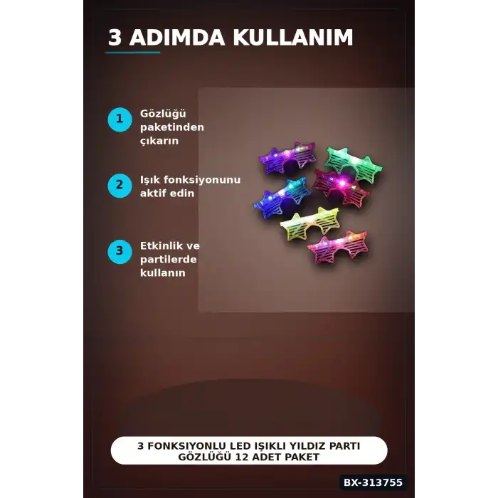 3 Fonksiyonlu Led Işıklı Yıldız Parti Gözlüğü 12 Adet Paket Yetişkin Aksesuarı BX-313755