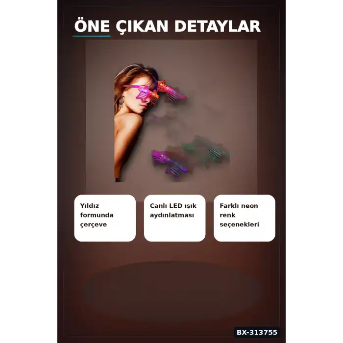 3 Fonksiyonlu Led Işıklı Yıldız Parti Gözlüğü 12 Adet Paket Yetişkin Aksesuarı BX-313755