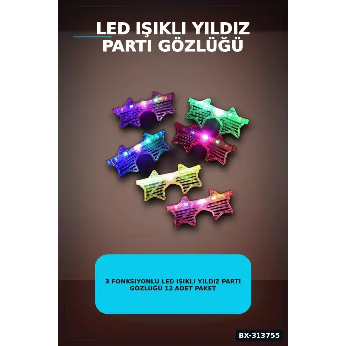 3 Fonksiyonlu Led Işıklı Yıldız Parti Gözlüğü 12 Adet Paket Yetişkin Aksesuarı BX-313755