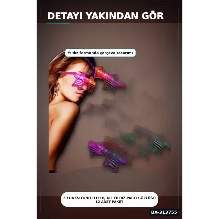 3 Fonksiyonlu Led Işıklı Yıldız Parti Gözlüğü 12 Adet Paket Yetişkin Aksesuarı BX-313755