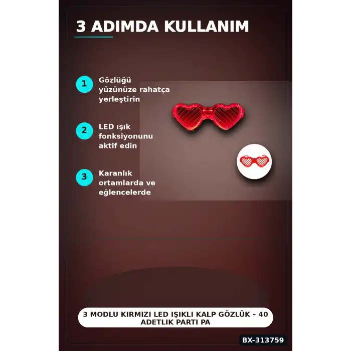 3 Modlu Kırmızı Led Işıklı Kalp Gözlük – 40 Adetlik Parti Paketi, Glow Aksesuarı BX-313759