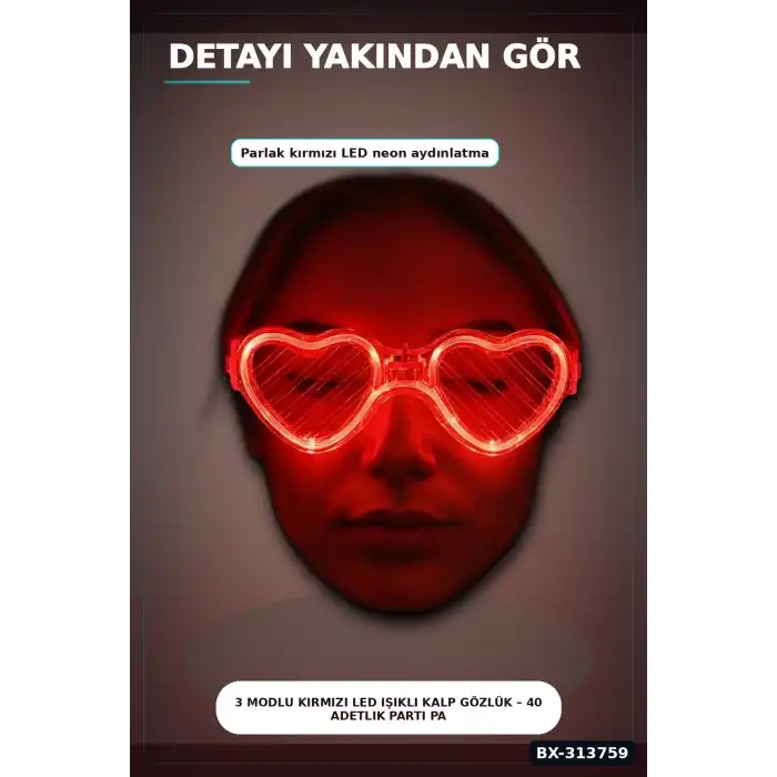 3 Modlu Kırmızı Led Işıklı Kalp Gözlük – 40 Adetlik Parti Paketi, Glow Aksesuarı BX-313759
