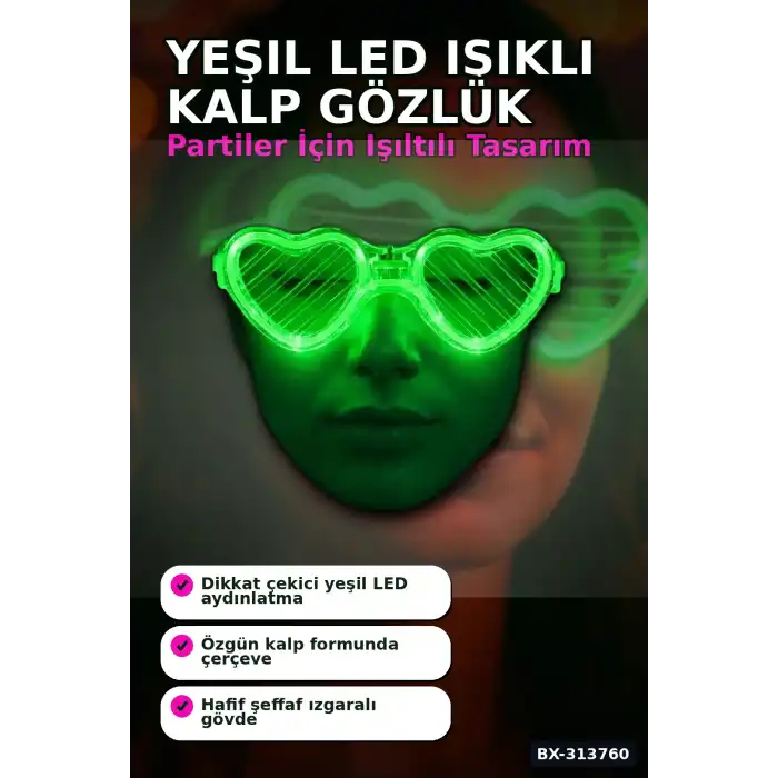 3 Modlu Yeşil Led Işıklı Kalp Gözlük - 1 Adet Parti Aksesuarı Glow Gece BX-313760