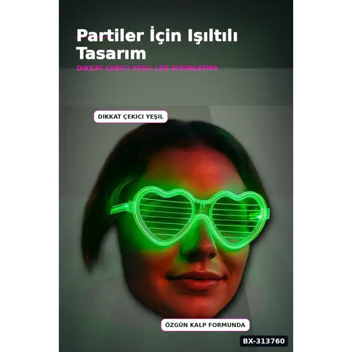 3 Modlu Yeşil Led Işıklı Kalp Gözlük - 1 Adet Parti Aksesuarı Glow Gece BX-313760