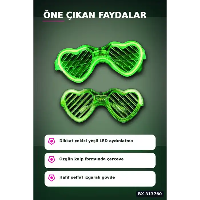 3 Modlu Yeşil Led Işıklı Kalp Gözlük - 1 Adet Parti Aksesuarı Glow Gece BX-313760