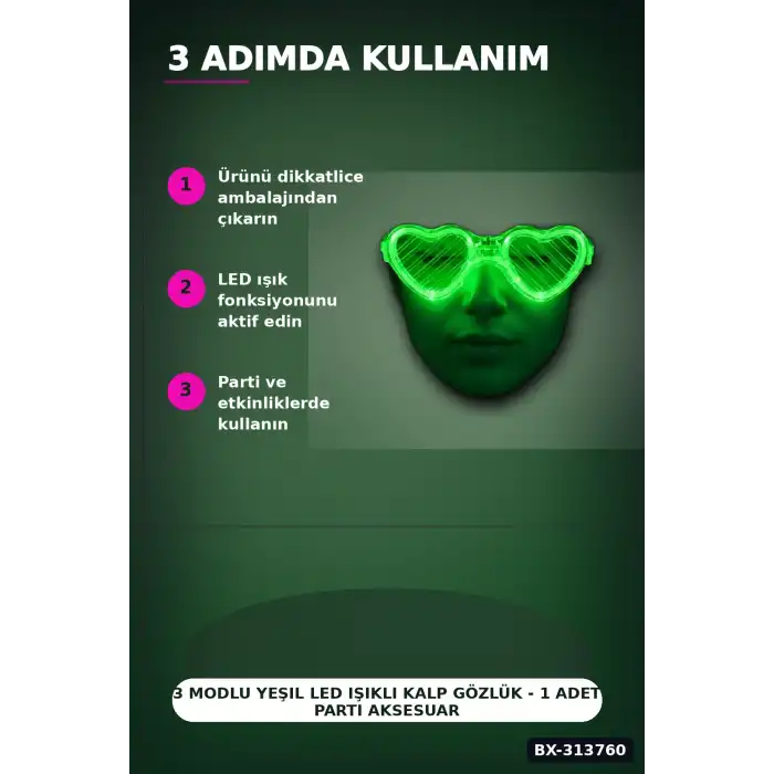3 Modlu Yeşil Led Işıklı Kalp Gözlük - 1 Adet Parti Aksesuarı Glow Gece BX-313760