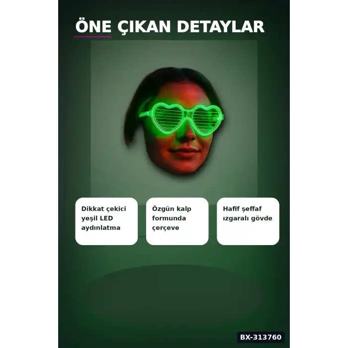 3 Modlu Yeşil Led Işıklı Kalp Gözlük - 1 Adet Parti Aksesuarı Glow Gece BX-313760