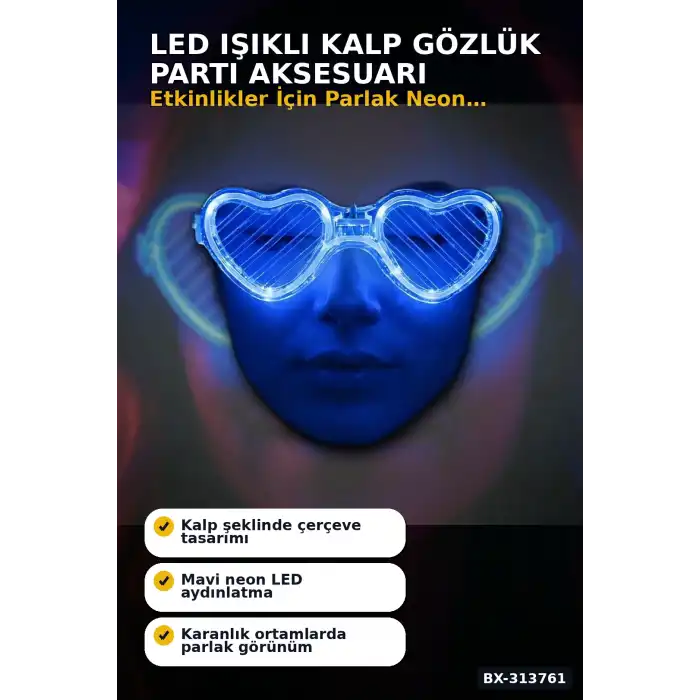3 Modlu Mavi Led Işıklı Kalp Gözlük Glow Parti Aksesuarı 1 Adet Hafif Neon BX-313761