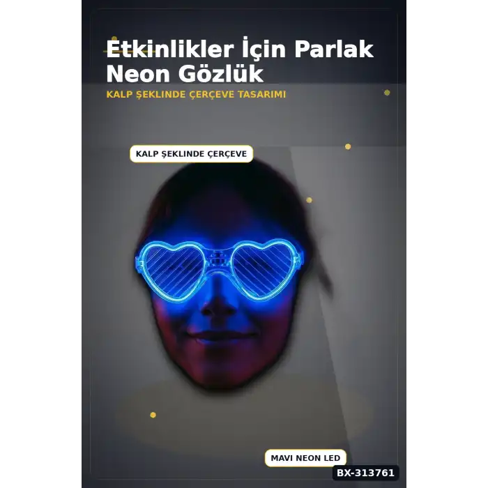 3 Modlu Mavi Led Işıklı Kalp Gözlük Glow Parti Aksesuarı 1 Adet Hafif Neon BX-313761