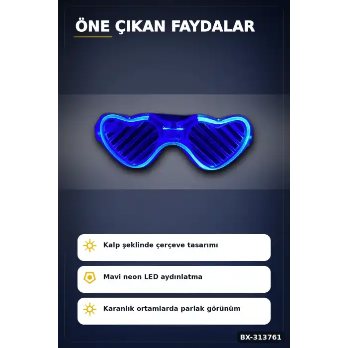 3 Modlu Mavi Led Işıklı Kalp Gözlük Glow Parti Aksesuarı 1 Adet Hafif Neon BX-313761