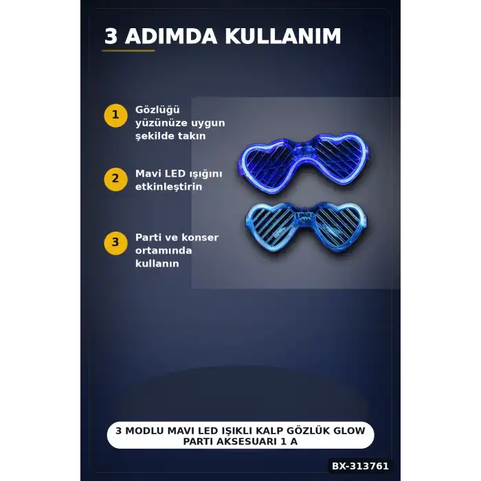 3 Modlu Mavi Led Işıklı Kalp Gözlük Glow Parti Aksesuarı 1 Adet Hafif Neon BX-313761