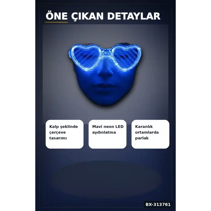 3 Modlu Mavi Led Işıklı Kalp Gözlük Glow Parti Aksesuarı 1 Adet Hafif Neon BX-313761