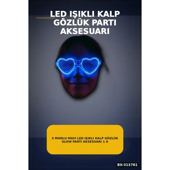 3 Modlu Mavi Led Işıklı Kalp Gözlük Glow Parti Aksesuarı 1 Adet Hafif Neon BX-313761