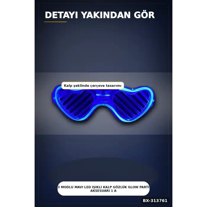 3 Modlu Mavi Led Işıklı Kalp Gözlük Glow Parti Aksesuarı 1 Adet Hafif Neon BX-313761