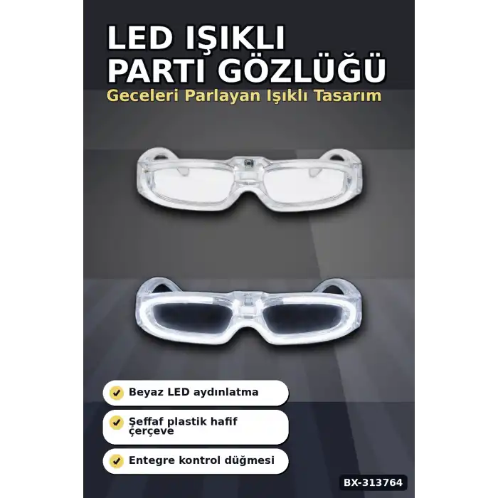 3 Modlu Beyaz Led Işıklı Parti Gözlüğü Glow Gece Eğlence Aksesuarı 1 Adet BX-313764