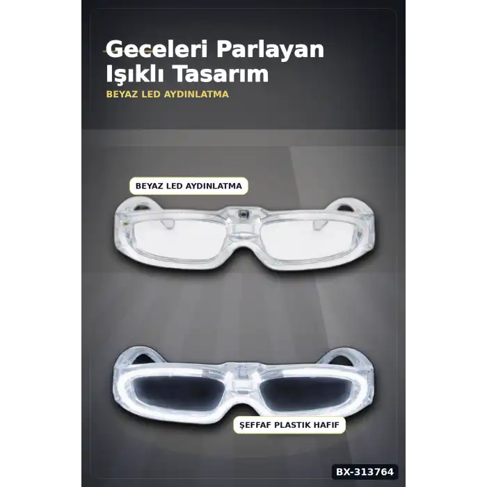 3 Modlu Beyaz Led Işıklı Parti Gözlüğü Glow Gece Eğlence Aksesuarı 1 Adet BX-313764