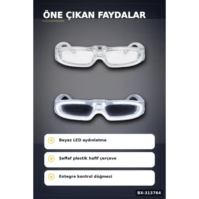 3 Modlu Beyaz Led Işıklı Parti Gözlüğü Glow Gece Eğlence Aksesuarı 1 Adet BX-313764
