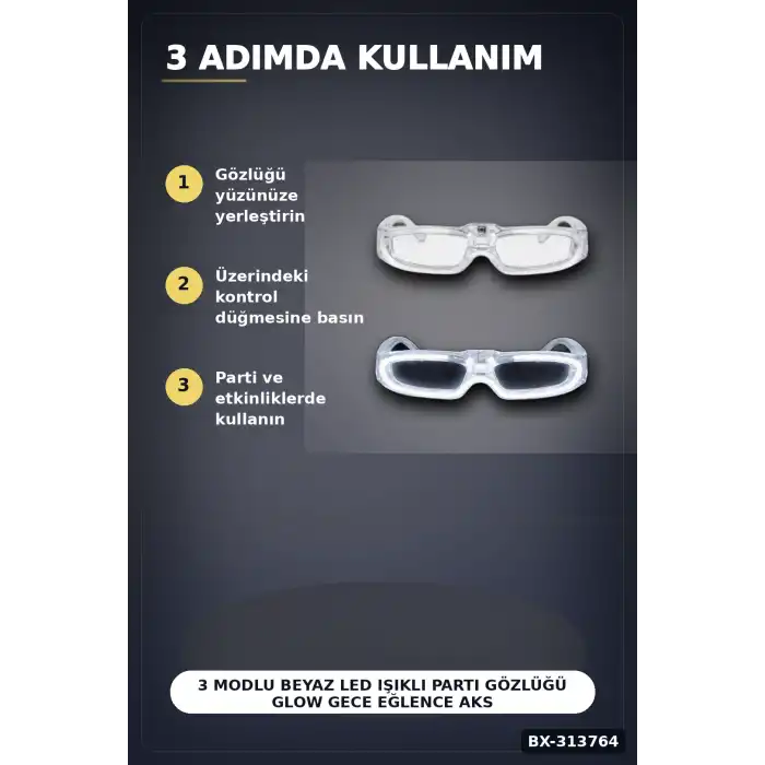 3 Modlu Beyaz Led Işıklı Parti Gözlüğü Glow Gece Eğlence Aksesuarı 1 Adet BX-313764