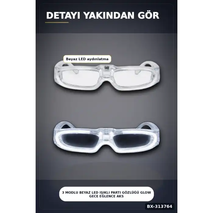 3 Modlu Beyaz Led Işıklı Parti Gözlüğü Glow Gece Eğlence Aksesuarı 1 Adet BX-313764