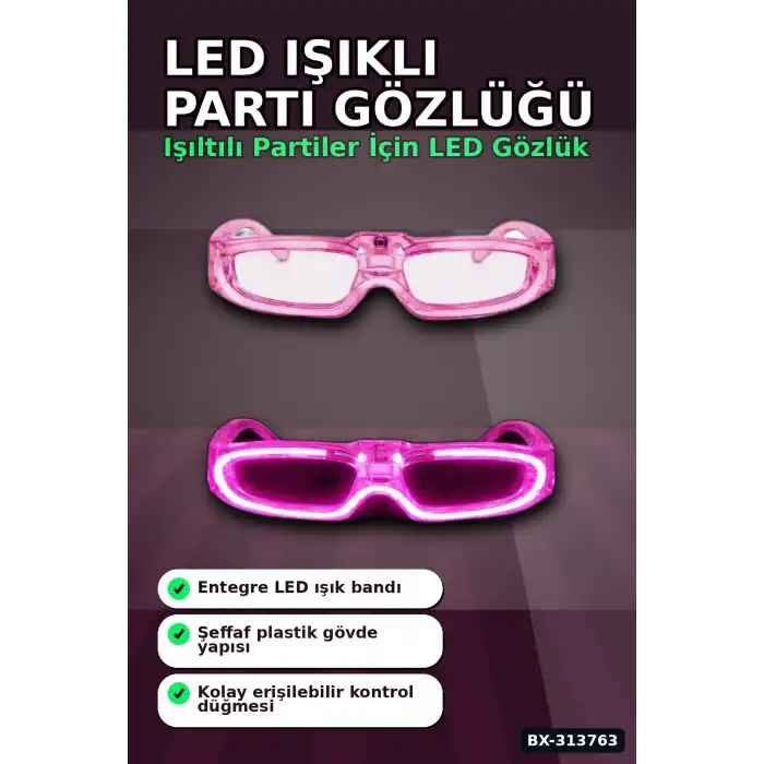 3 Modlu Led Işıklı Pembe Parti Gözlüğü Glow Efektli 1 Adet Unisex Eğlence Aksesuarı BX-313763