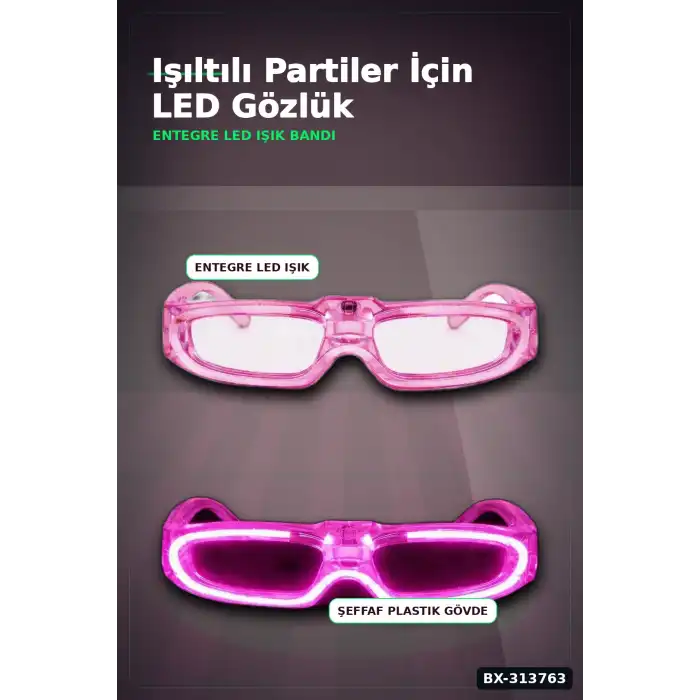 3 Modlu Led Işıklı Pembe Parti Gözlüğü Glow Efektli 1 Adet Unisex Eğlence Aksesuarı BX-313763