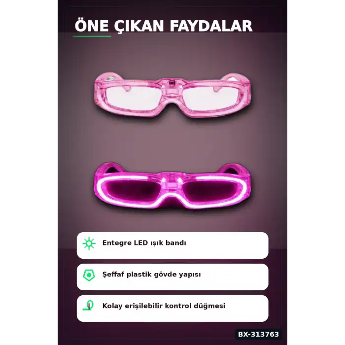 3 Modlu Led Işıklı Pembe Parti Gözlüğü Glow Efektli 1 Adet Unisex Eğlence Aksesuarı BX-313763