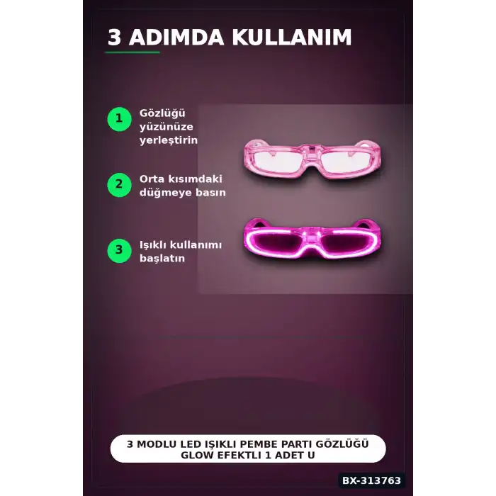 3 Modlu Led Işıklı Pembe Parti Gözlüğü Glow Efektli 1 Adet Unisex Eğlence Aksesuarı BX-313763