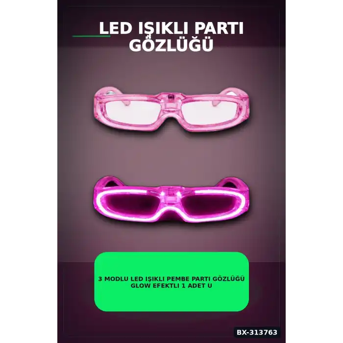 3 Modlu Led Işıklı Pembe Parti Gözlüğü Glow Efektli 1 Adet Unisex Eğlence Aksesuarı BX-313763