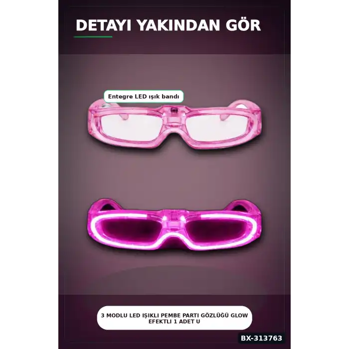 3 Modlu Led Işıklı Pembe Parti Gözlüğü Glow Efektli 1 Adet Unisex Eğlence Aksesuarı BX-313763