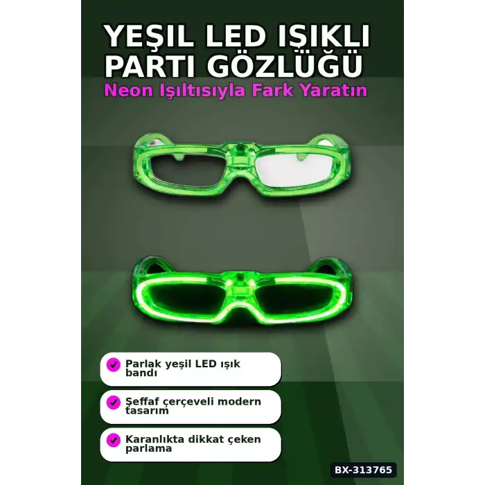 3 Modlu Yeşil Led Işıklı Parti Gözlüğü - Glow Gece Eğlence Aksesuarı 1 Adet BX-313765
