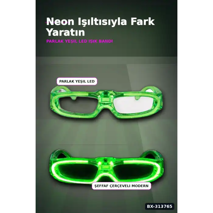 3 Modlu Yeşil Led Işıklı Parti Gözlüğü - Glow Gece Eğlence Aksesuarı 1 Adet BX-313765