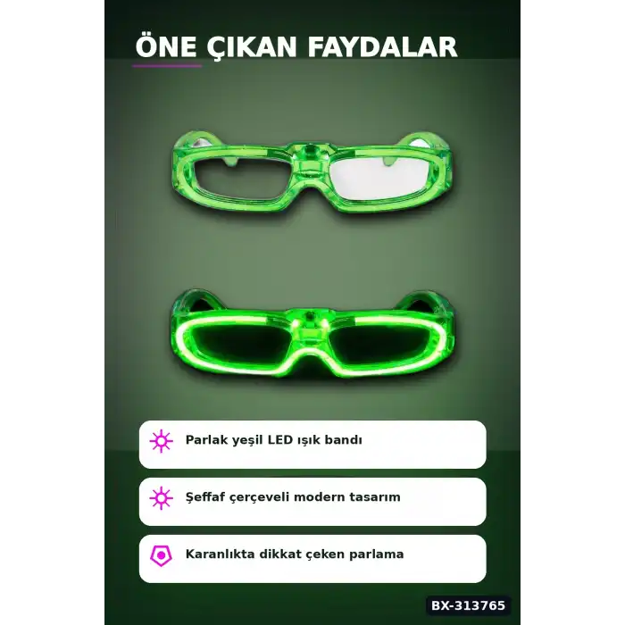 3 Modlu Yeşil Led Işıklı Parti Gözlüğü - Glow Gece Eğlence Aksesuarı 1 Adet BX-313765
