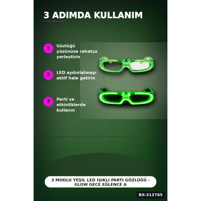 3 Modlu Yeşil Led Işıklı Parti Gözlüğü - Glow Gece Eğlence Aksesuarı 1 Adet BX-313765