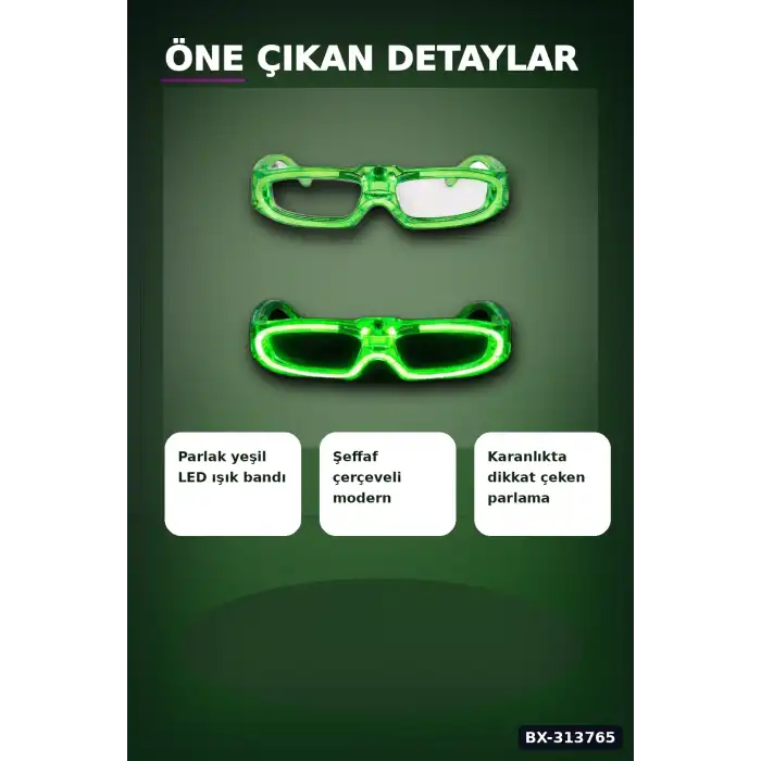 3 Modlu Yeşil Led Işıklı Parti Gözlüğü - Glow Gece Eğlence Aksesuarı 1 Adet BX-313765