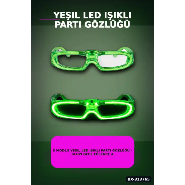 3 Modlu Yeşil Led Işıklı Parti Gözlüğü - Glow Gece Eğlence Aksesuarı 1 Adet BX-313765