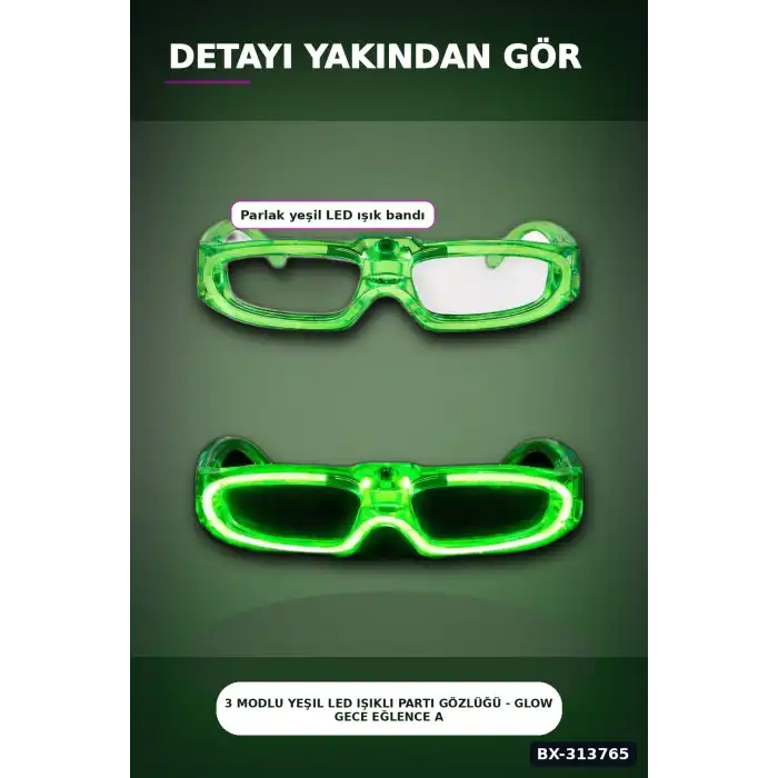3 Modlu Yeşil Led Işıklı Parti Gözlüğü - Glow Gece Eğlence Aksesuarı 1 Adet BX-313765