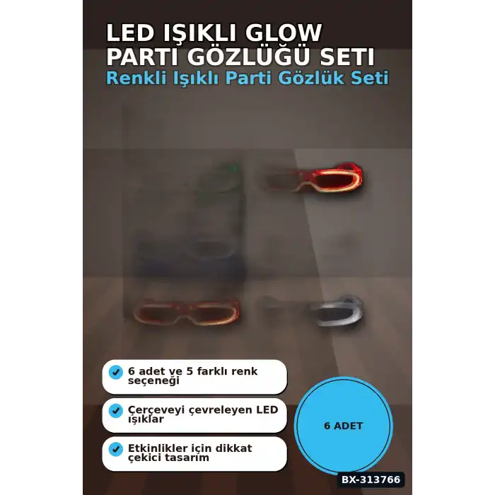 5 Renkli Pilli Led Işıklı Parti Gözlüğü 6 Adet Set - Glow Efektli Gece Aksesuarı BX-313766