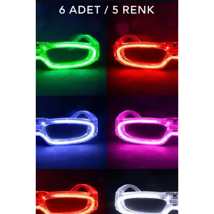 5 Renkli Pilli Led Işıklı Parti Gözlüğü 6 Adet Set - Glow Efektli Gece Aksesuarı BX-313766