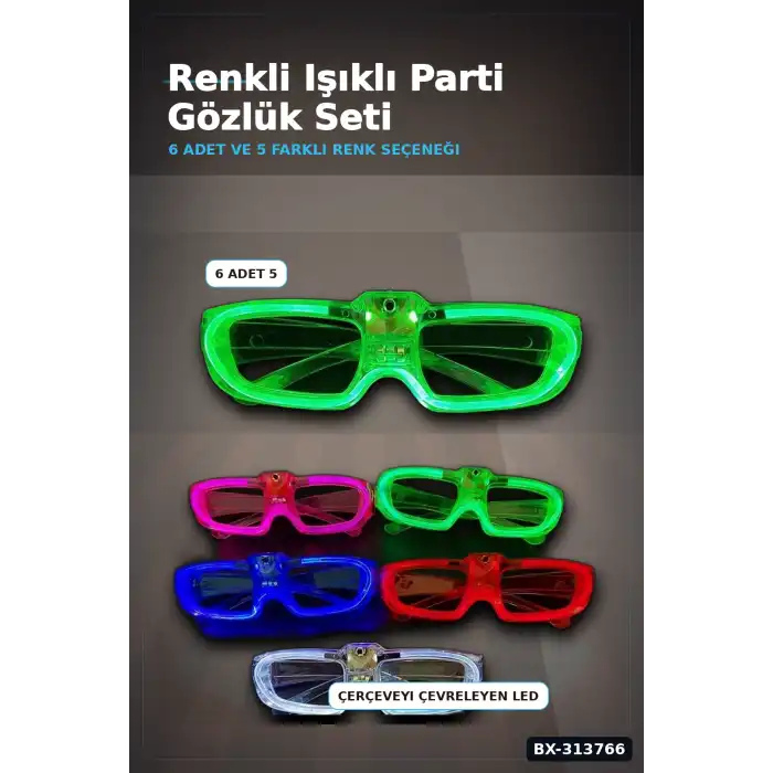 5 Renkli Pilli Led Işıklı Parti Gözlüğü 6 Adet Set - Glow Efektli Gece Aksesuarı BX-313766