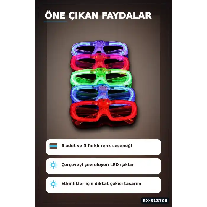 5 Renkli Pilli Led Işıklı Parti Gözlüğü 6 Adet Set - Glow Efektli Gece Aksesuarı BX-313766