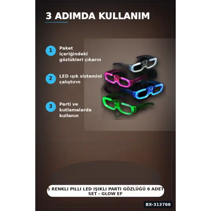 5 Renkli Pilli Led Işıklı Parti Gözlüğü 6 Adet Set - Glow Efektli Gece Aksesuarı BX-313766