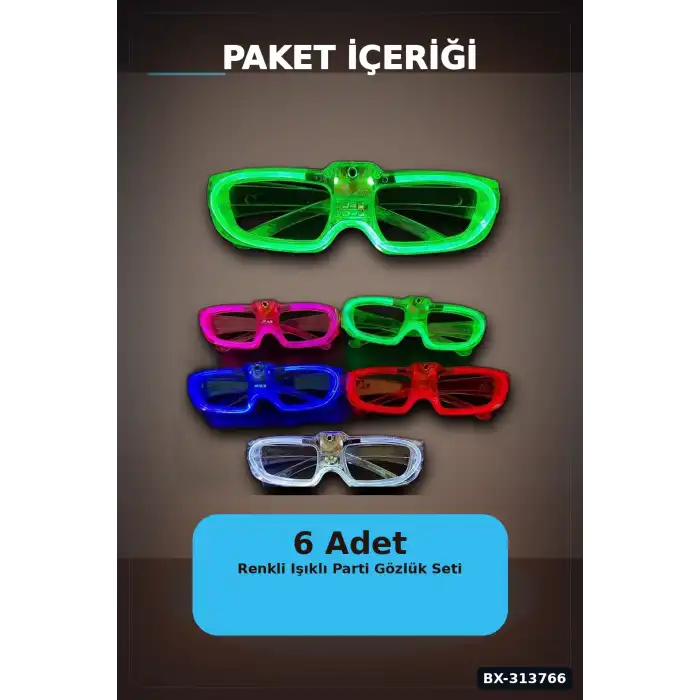 5 Renkli Pilli Led Işıklı Parti Gözlüğü 6 Adet Set - Glow Efektli Gece Aksesuarı BX-313766