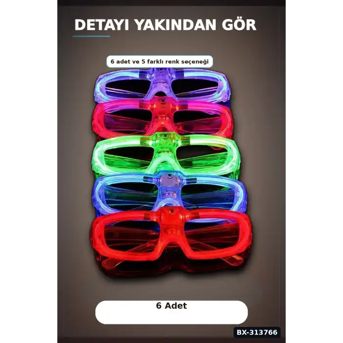 5 Renkli Pilli Led Işıklı Parti Gözlüğü 6 Adet Set - Glow Efektli Gece Aksesuarı BX-313766