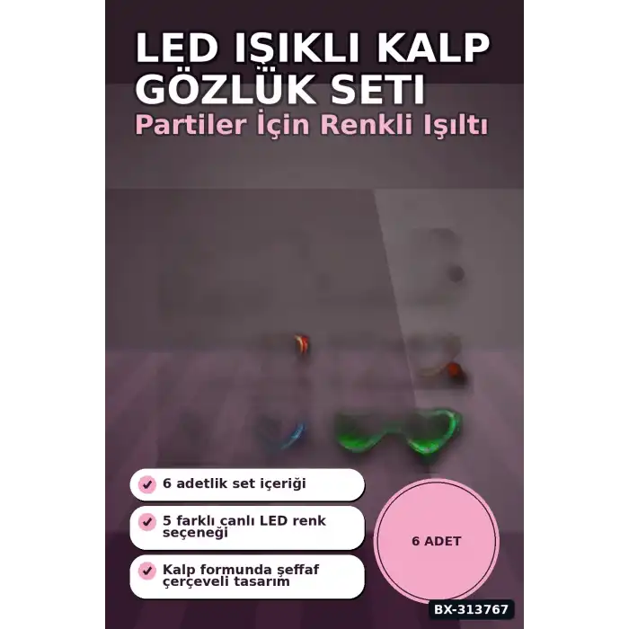 Şeffaf Çerçeveli Led Işıklı Kalp Glow Parti Gözlüğü - 6 Adet Set, Festival Hediyesi BX-313767