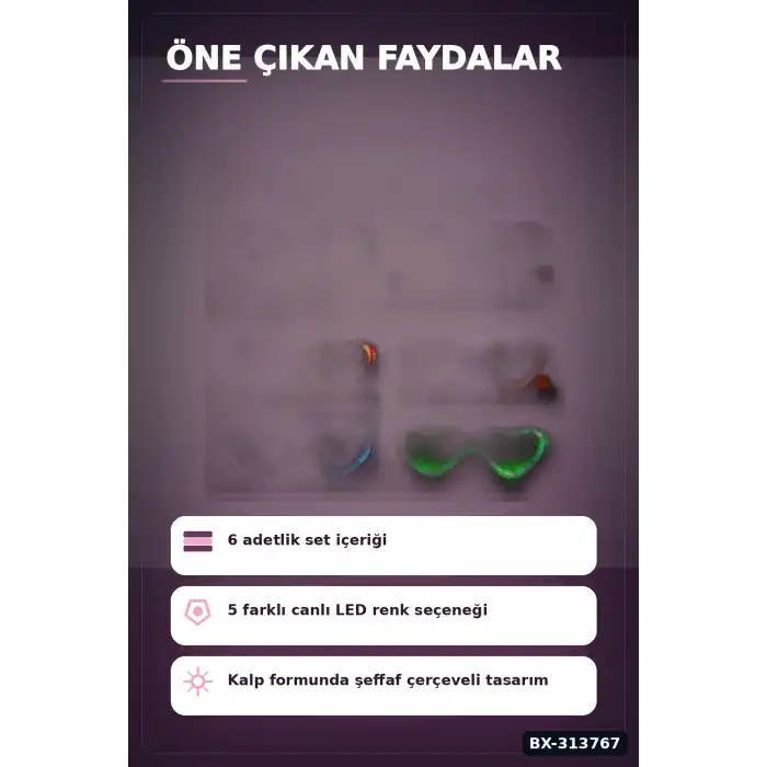 Şeffaf Çerçeveli Led Işıklı Kalp Glow Parti Gözlüğü - 6 Adet Set, Festival Hediyesi BX-313767