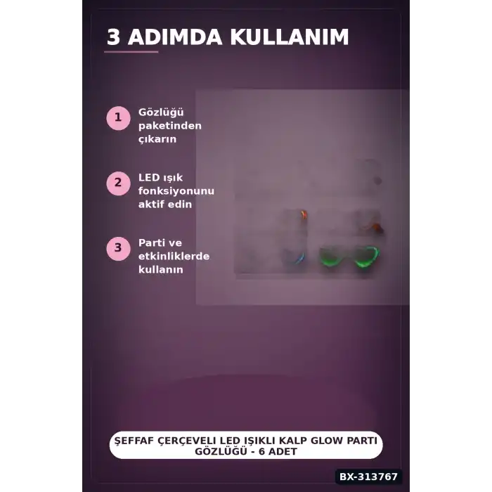 Şeffaf Çerçeveli Led Işıklı Kalp Glow Parti Gözlüğü - 6 Adet Set, Festival Hediyesi BX-313767