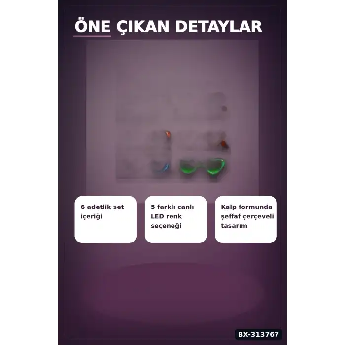 Şeffaf Çerçeveli Led Işıklı Kalp Glow Parti Gözlüğü - 6 Adet Set, Festival Hediyesi BX-313767