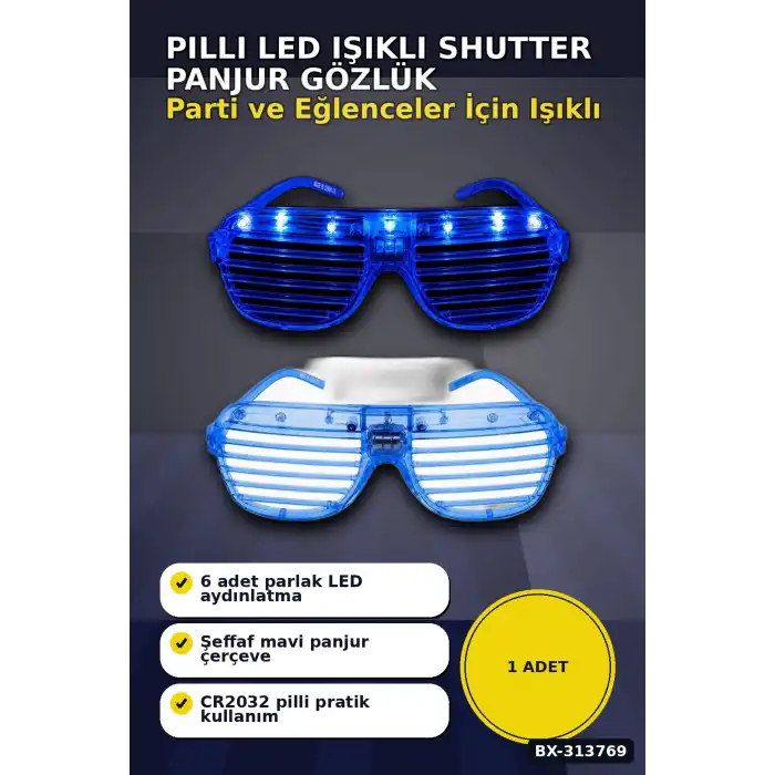 Pilli Led Işıklı Shutter Panjur Parti Gözlüğü 1 Adet Yetişkin Çocuk Aksesuarı BX-313769