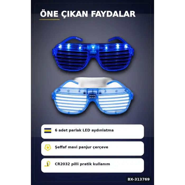 Pilli Led Işıklı Shutter Panjur Parti Gözlüğü 1 Adet Yetişkin Çocuk Aksesuarı BX-313769